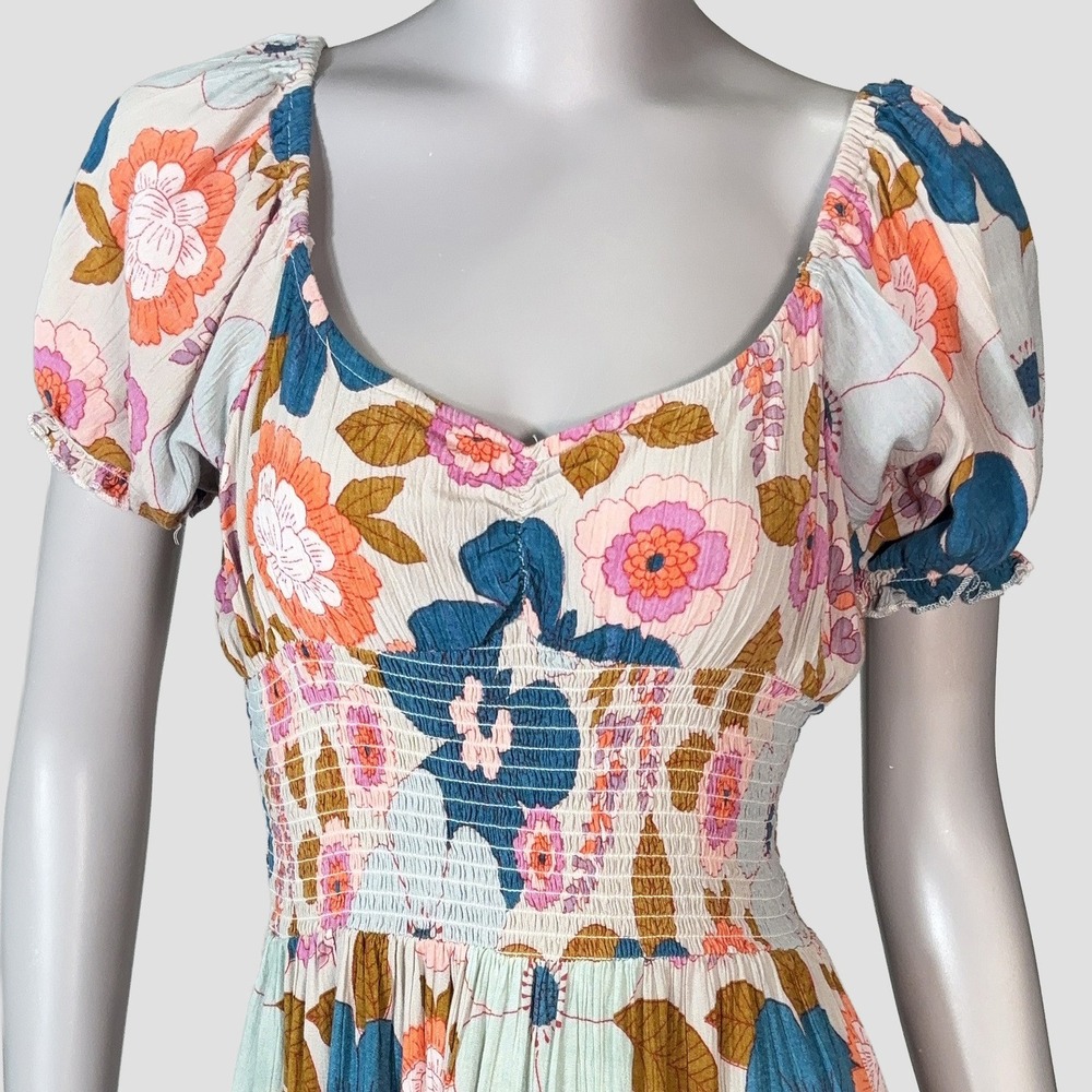 Angie Floral Smocked Tiered Boho Mini Dress Womens M Colorful Resortwear
